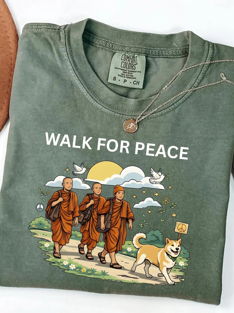 Walk For Peace Monks With Aloka Dog Washed T Shirt