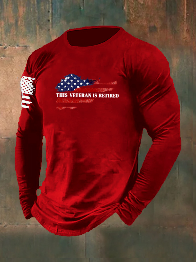 Men's This Veteran Is Retired Pattern Long Sleeve 100% Cotton T-Shirt