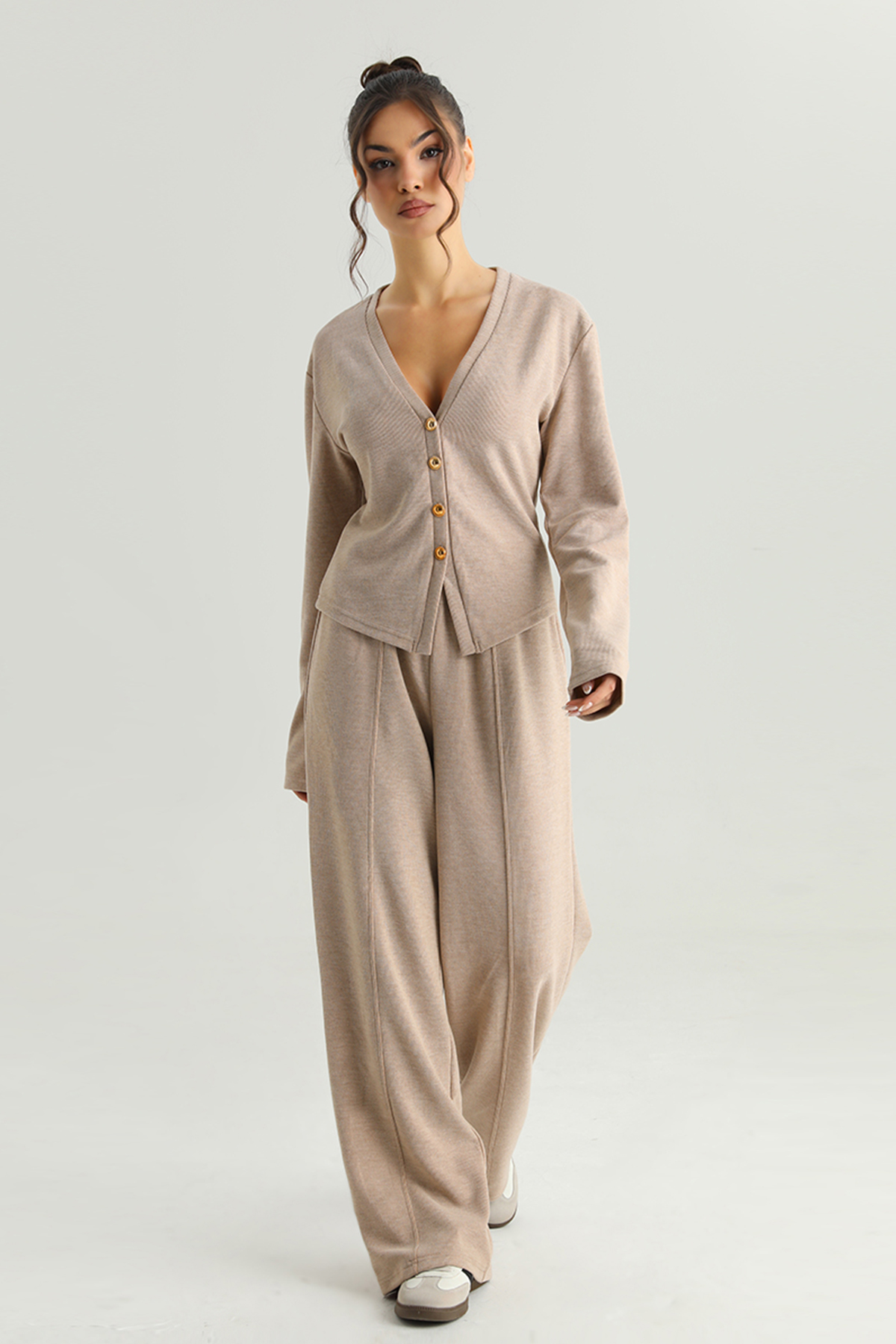 Classic V-Neck Long Sleeve Button Top & Wide Leg Trousers Co-ord