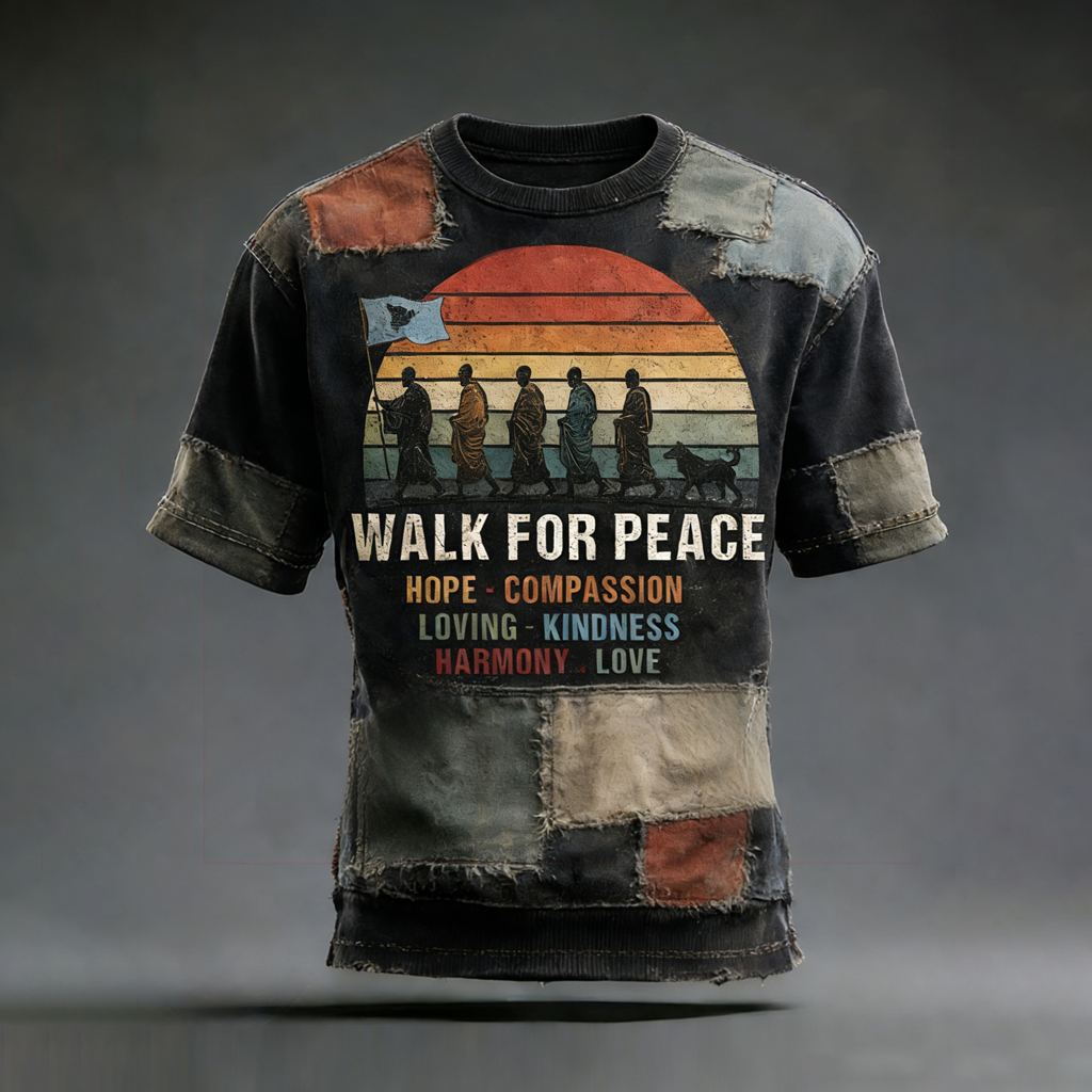 Vintage Walk For Peace Artistic Patchwork Print Washed T-shirt