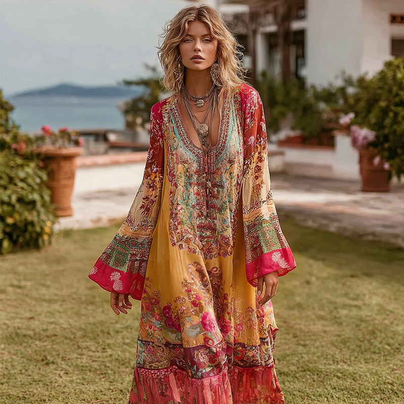 Women's Bohemian Floral Pattern Casual V-neck Long Sleeve Dress