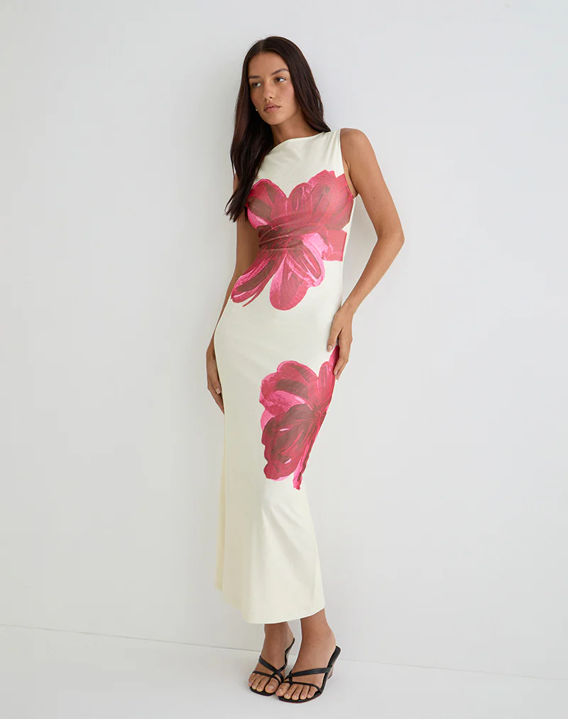 Fayola Printed Maxi Dress in Cream with Red Watercolour Flower
