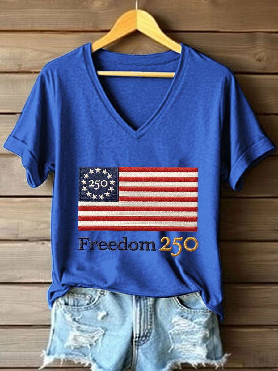 Women's Freedom 250th Anniversary Embroidered V-Neck T-Shirt