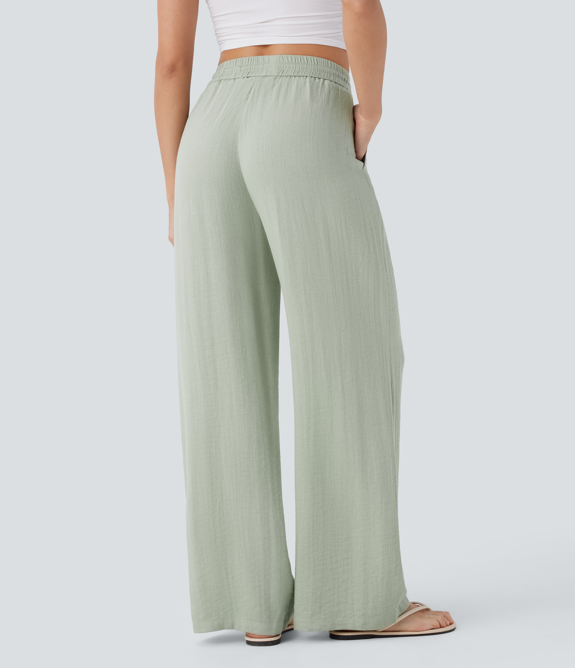 High Waisted Drawstring Pocket Wide Leg Casual Linen-Feel Pants