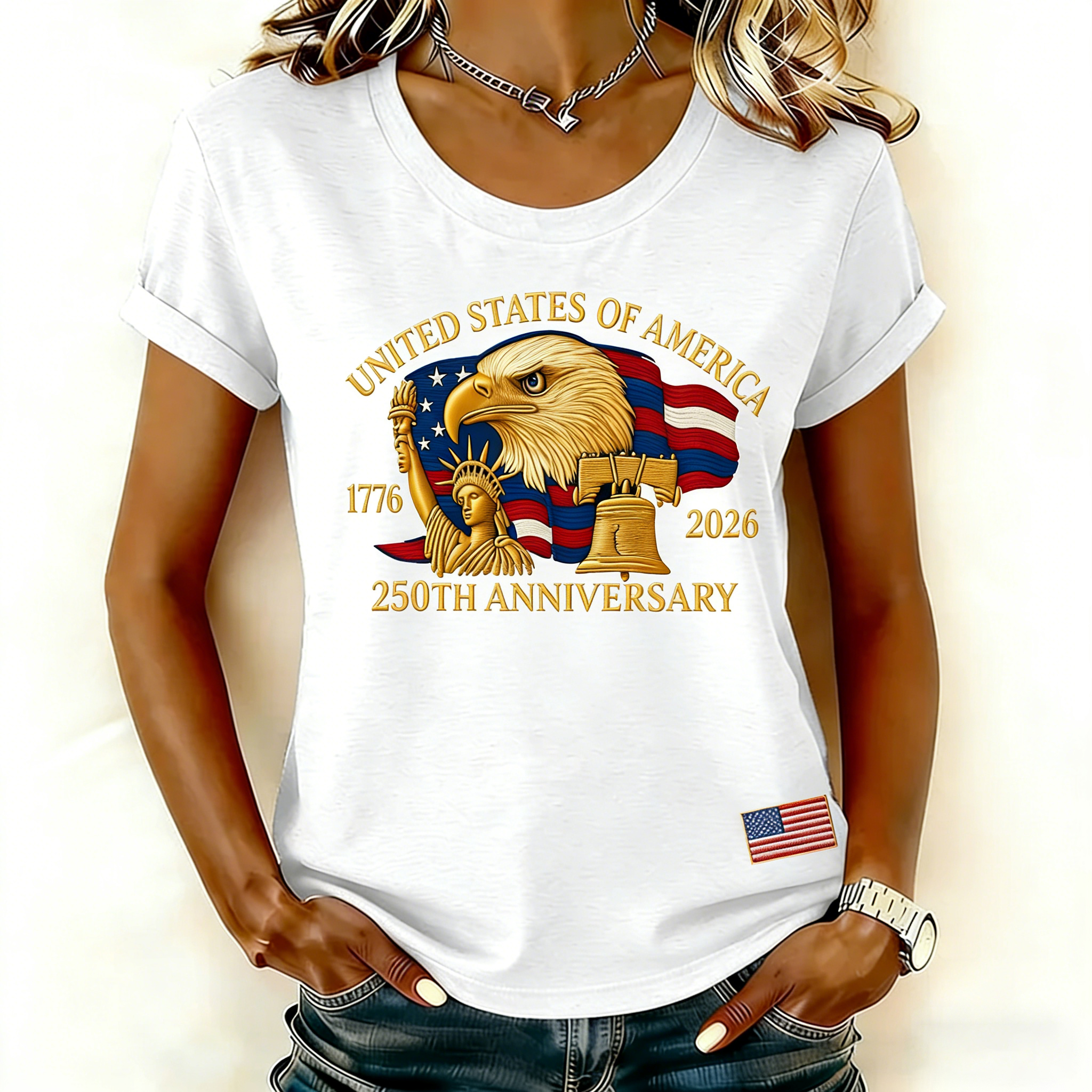 Women'S Casual Short-Sleeved T-Shirt With American 250th Anniversary Commemorative Print And Round Neckline.