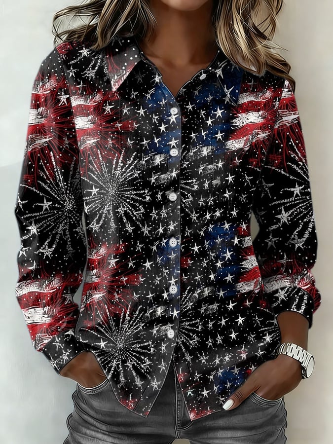 Women's Retro Flag Fireworks Print Casual Collared Shirt