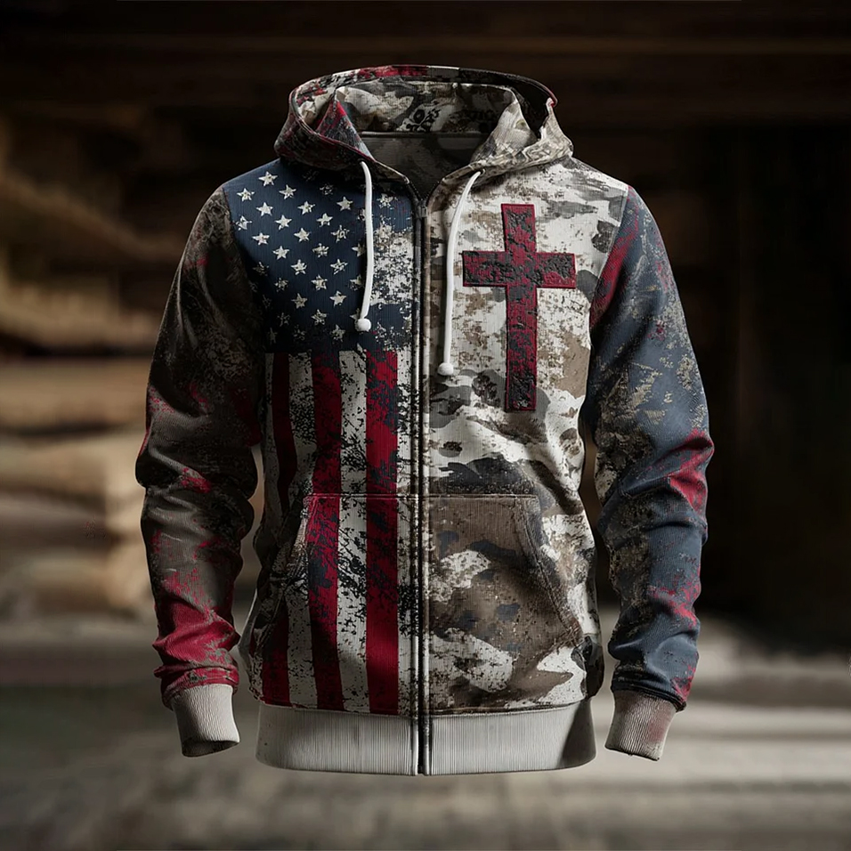 Men's Vintage Casual Faith American Flag Zip Hoodie