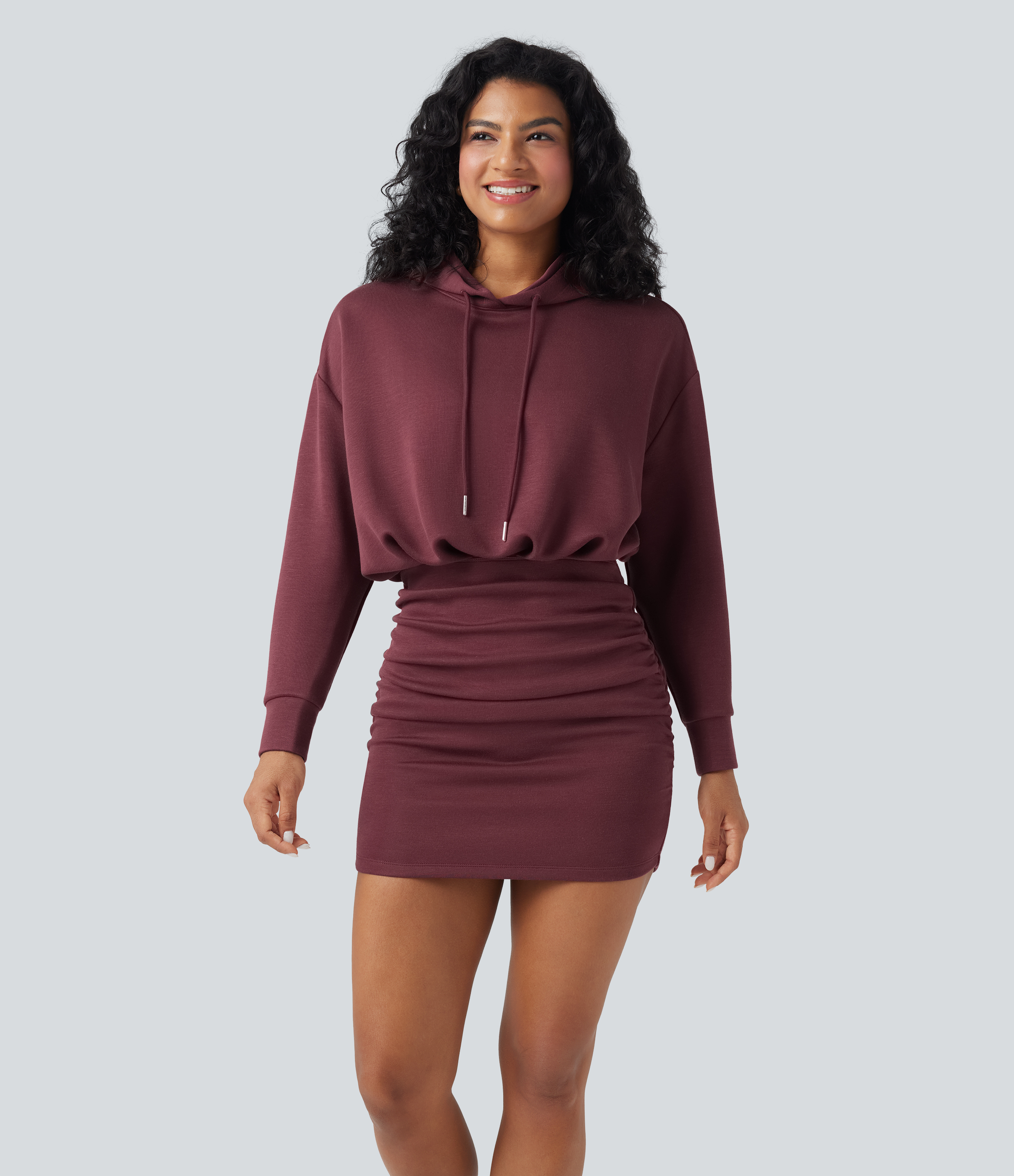 Long Sleeve Ruched Bodycon Mini Casual Hoodie Dress