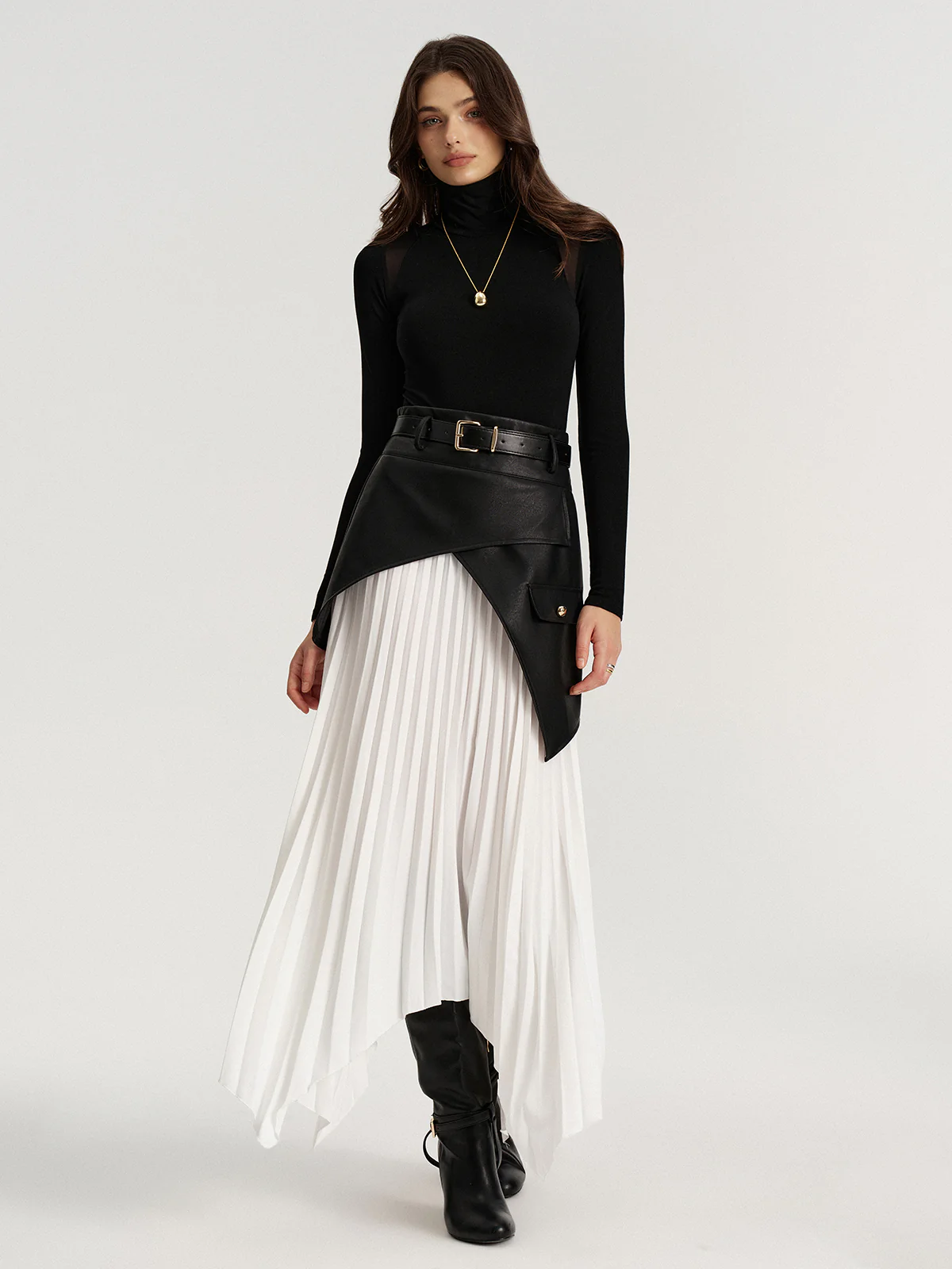 Belted Asymmetric Faux Leather Panel Pleated Maxi Skirt