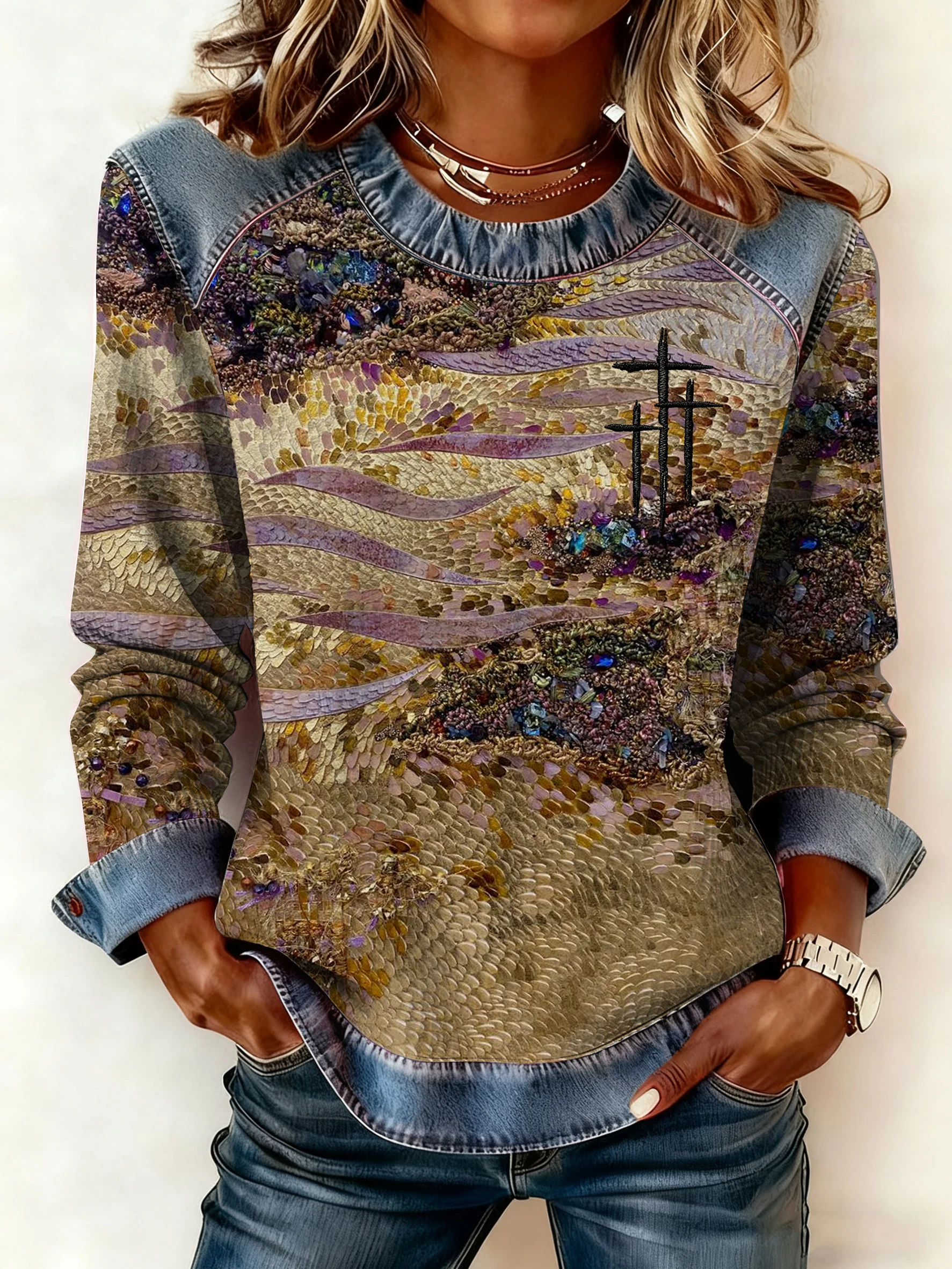 Women's Autumn/Winter Retro Western Style Denim Print Top-Fast Shipping