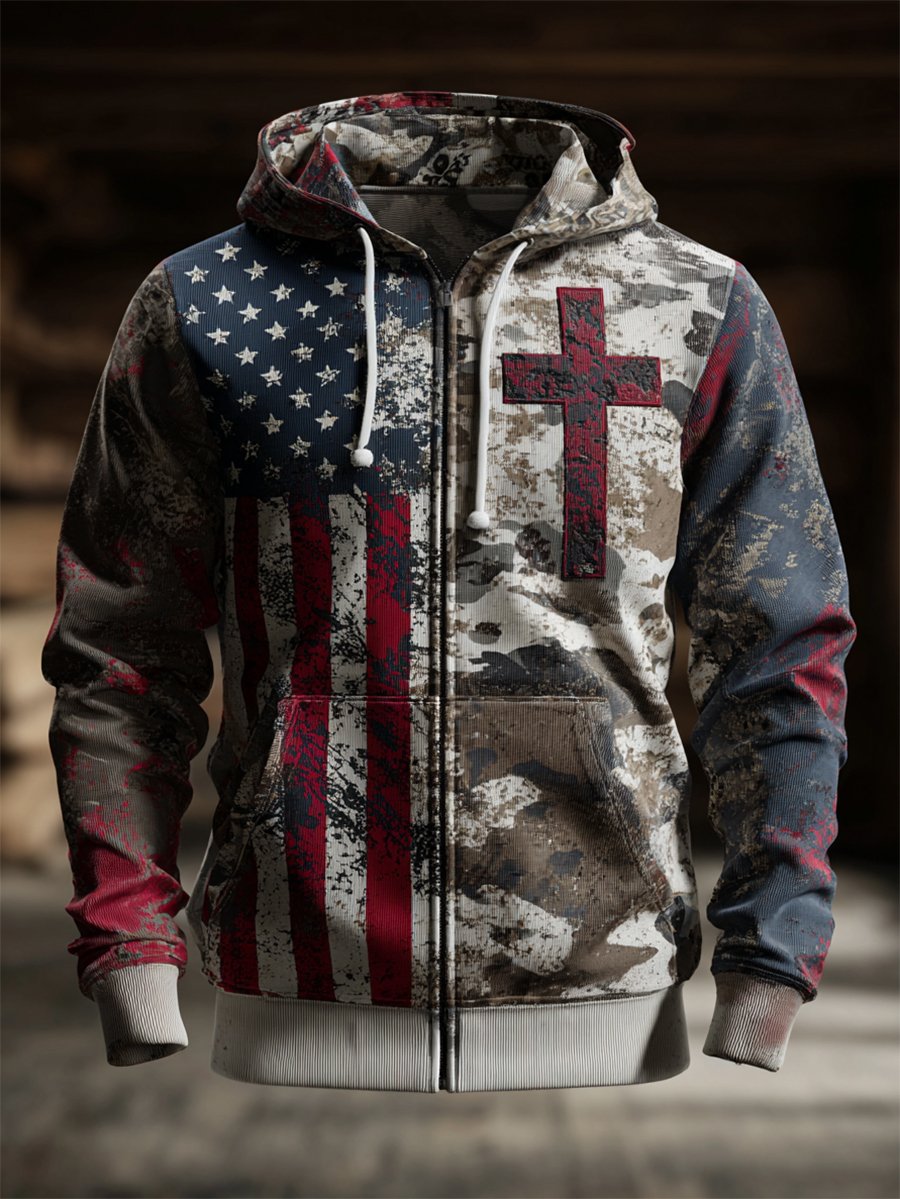 Men's Vintage Casual Faith American Flag Zip Hoodie