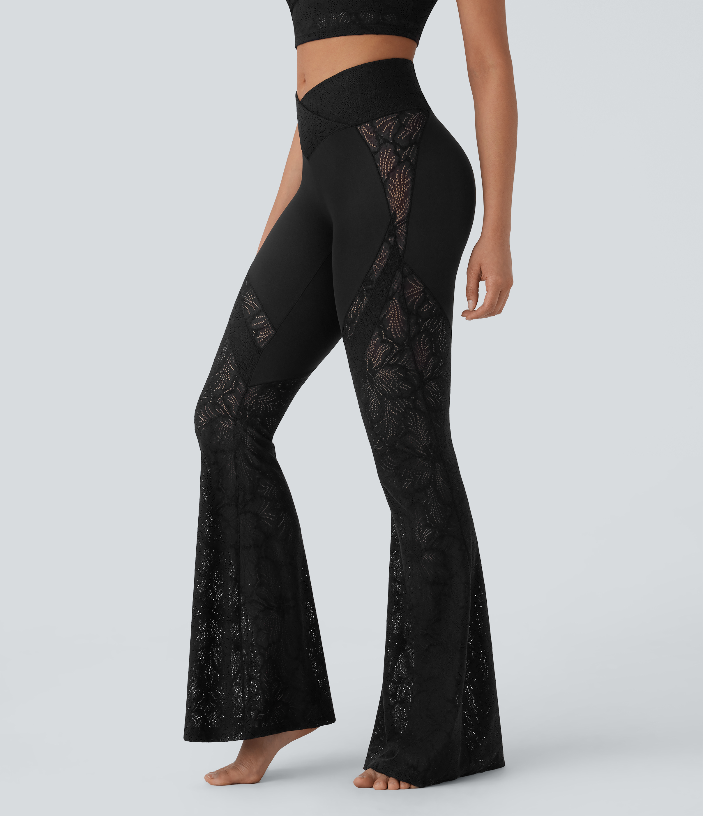 SoftlyZero™ High Waisted Crossover Pocket Contrast Lace Flare Yoga Leggings
