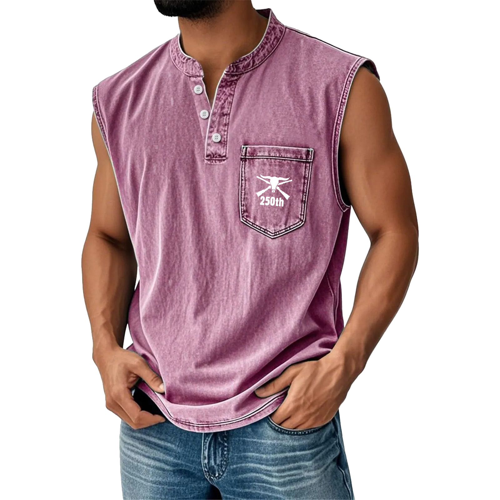 Men's Washed Cotton Sleeveless Henley Vest