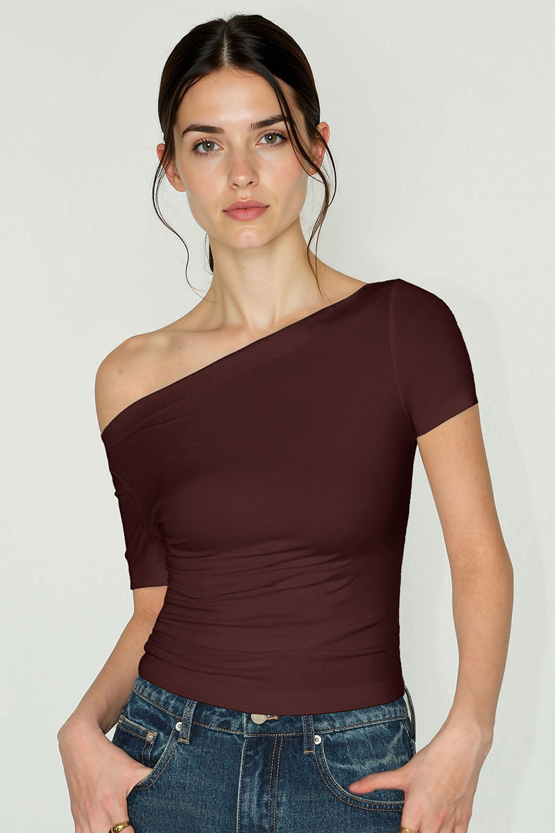 Casual Solid Color Scoop Neck Shirred Short Sleeve Top