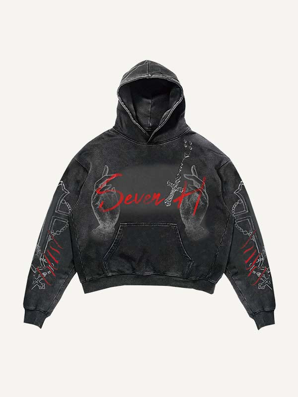 Palm&Cross&Letter Print Slant Pockets Hoodie