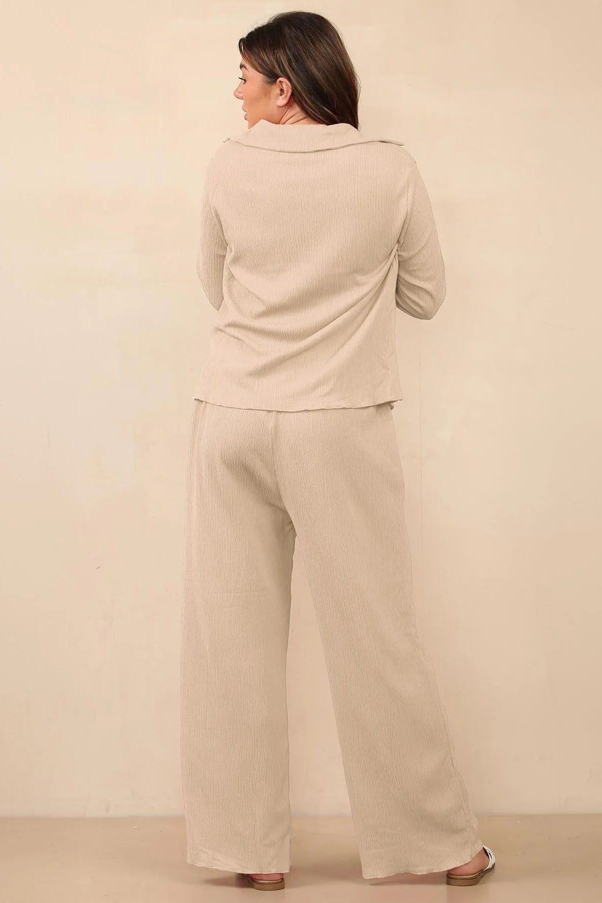 Minimalist Solid Color Collared Long Sleeve Blouse & Wide Leg Trousers Co-ord