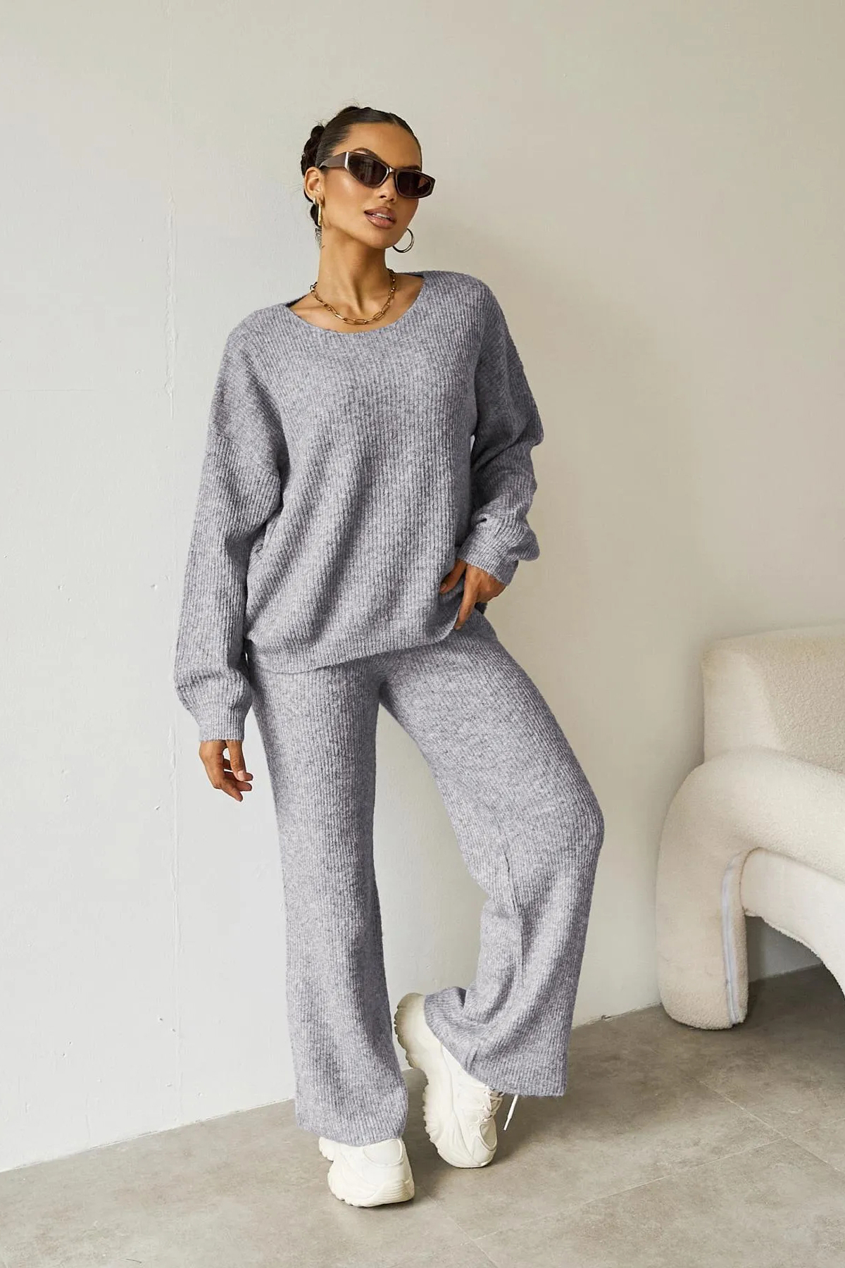 Women's Black Cozy Knit Scoop Neck Long Sleeve Loose Top & Stretch Trousers Co-ord