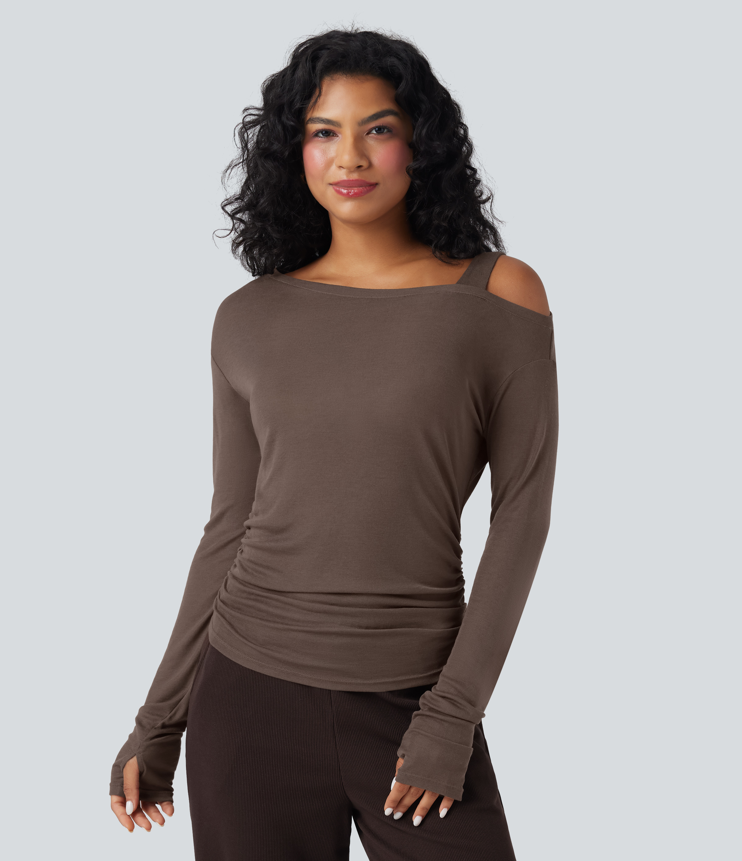 One-Shoulder Long Sleeve Asymmetrical Casual Wool-Blend T-Shirt