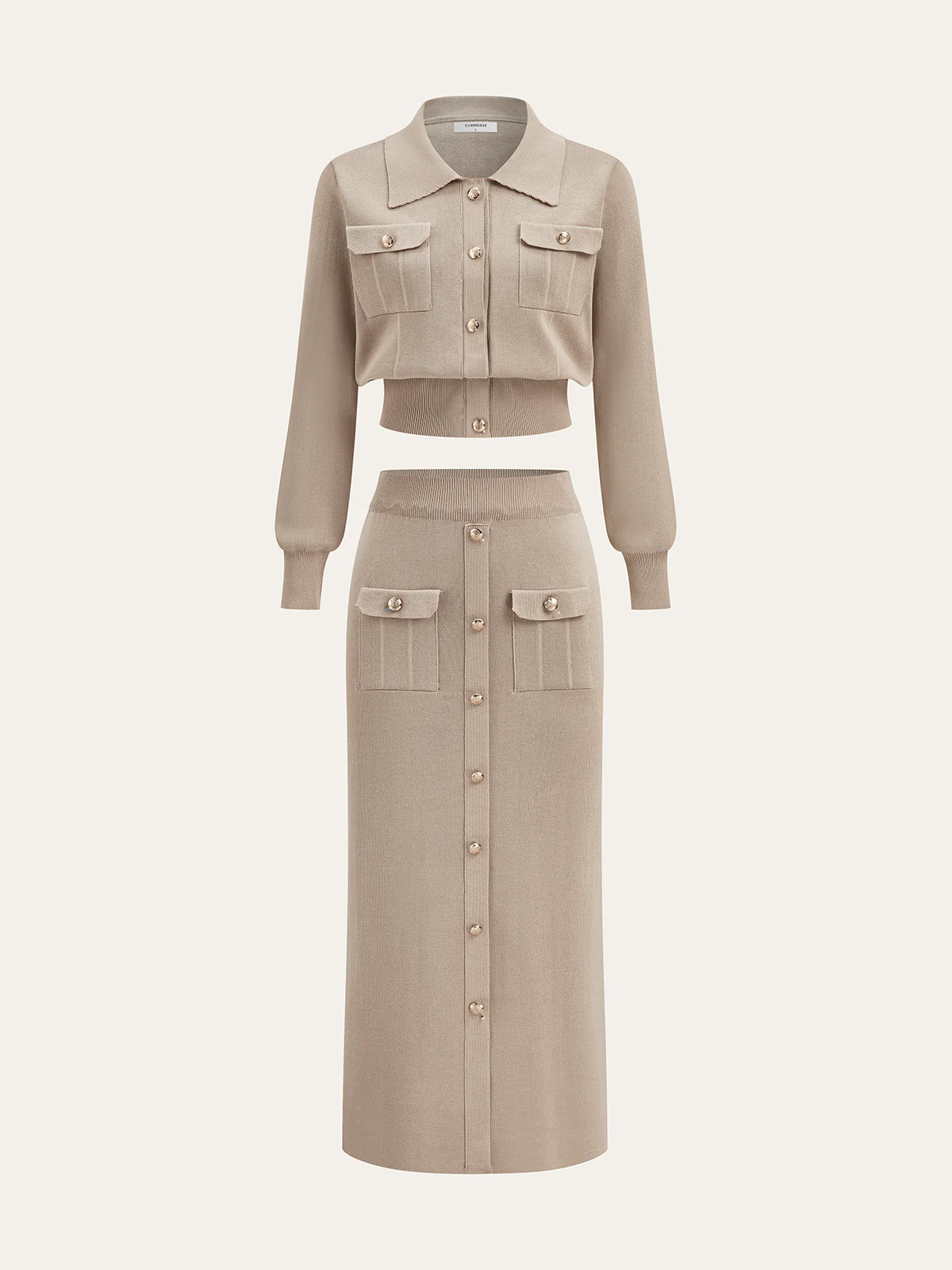 Metal Button Collared Cardigan and Midi Skirt Set