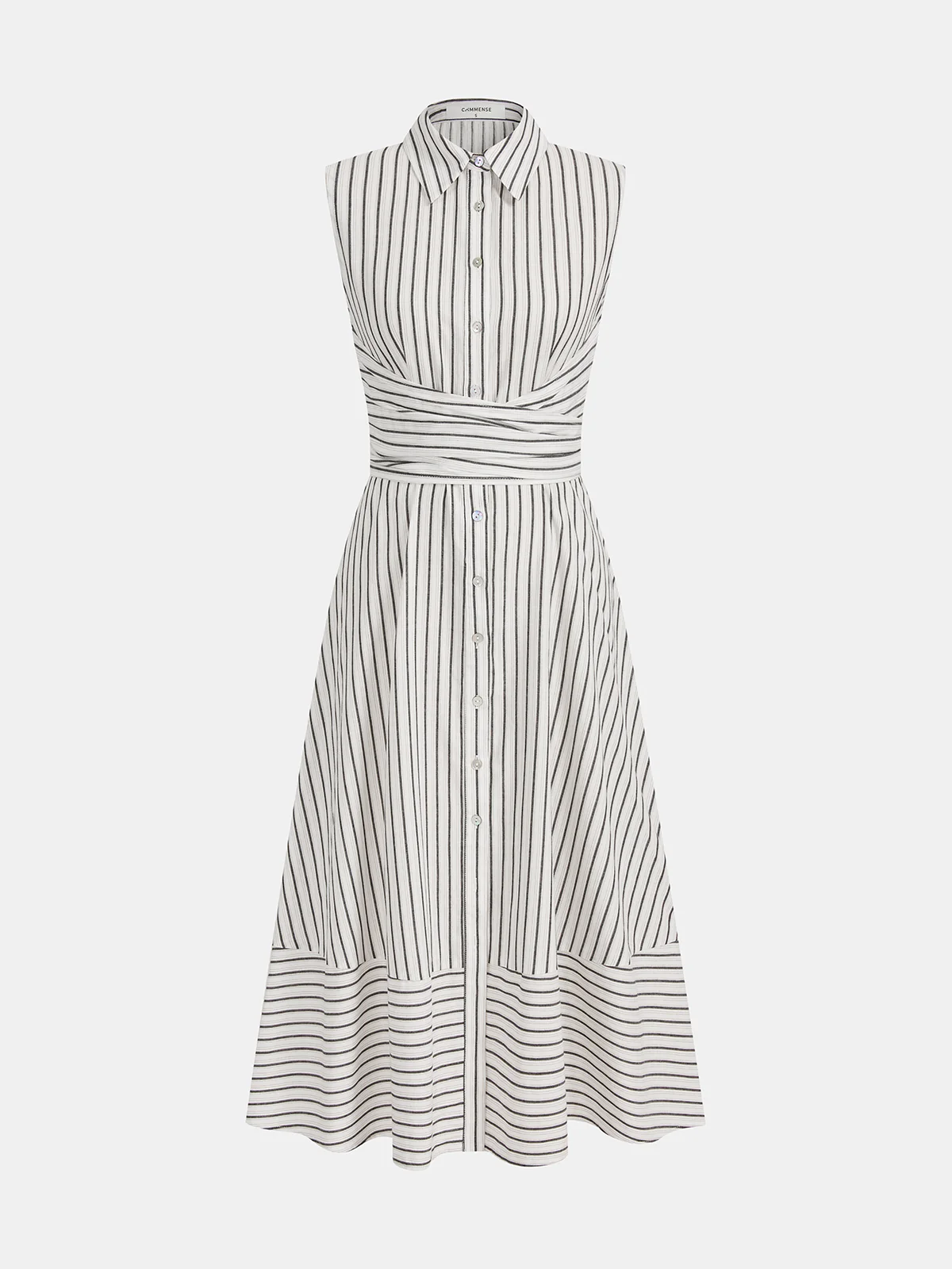 Striped Collared Sleeveless Tie Waist Midi Dress