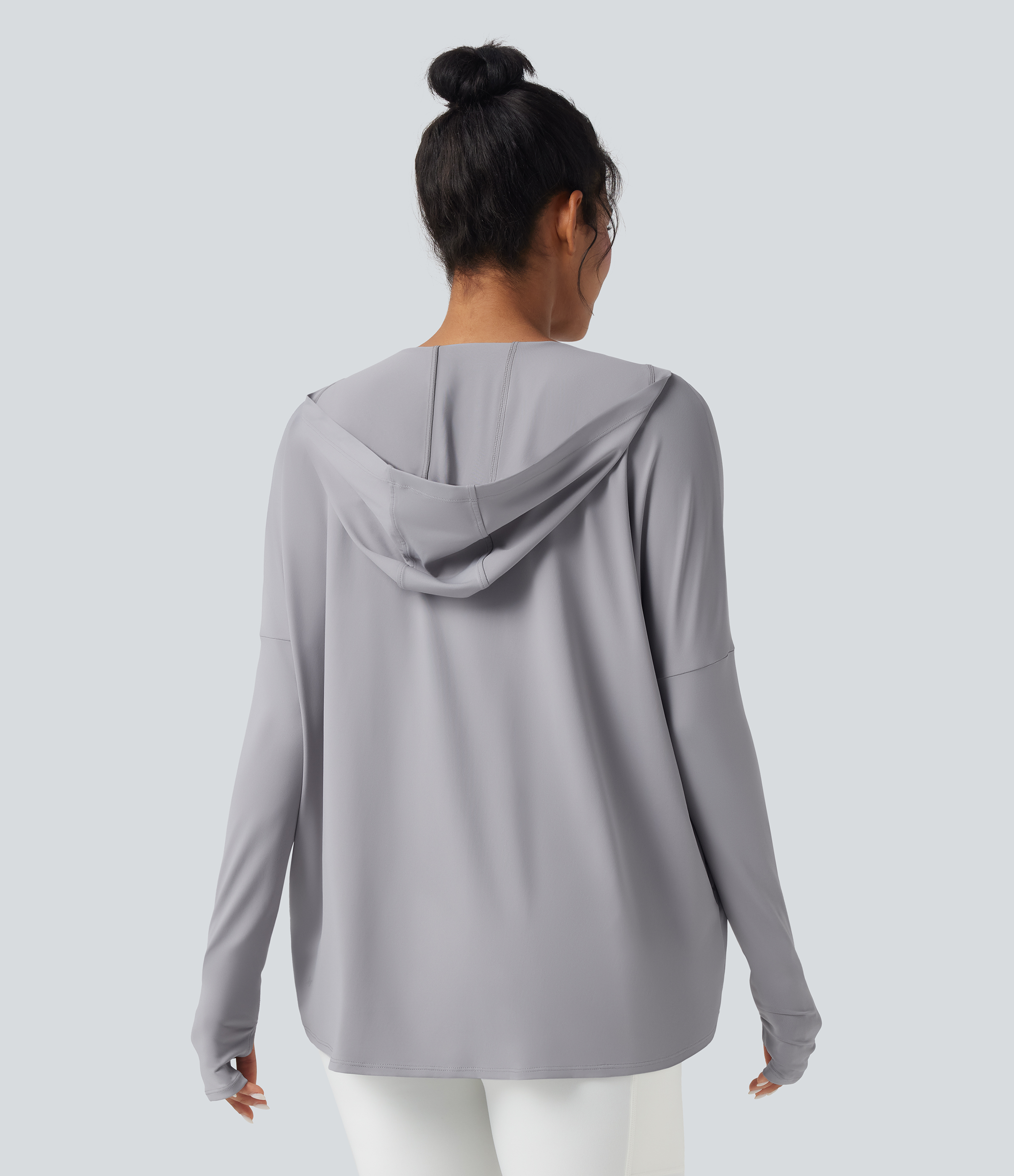 Hooded Cowl Neck Long Sleeve Thumb Hole Yoga Sports Top with Pockets