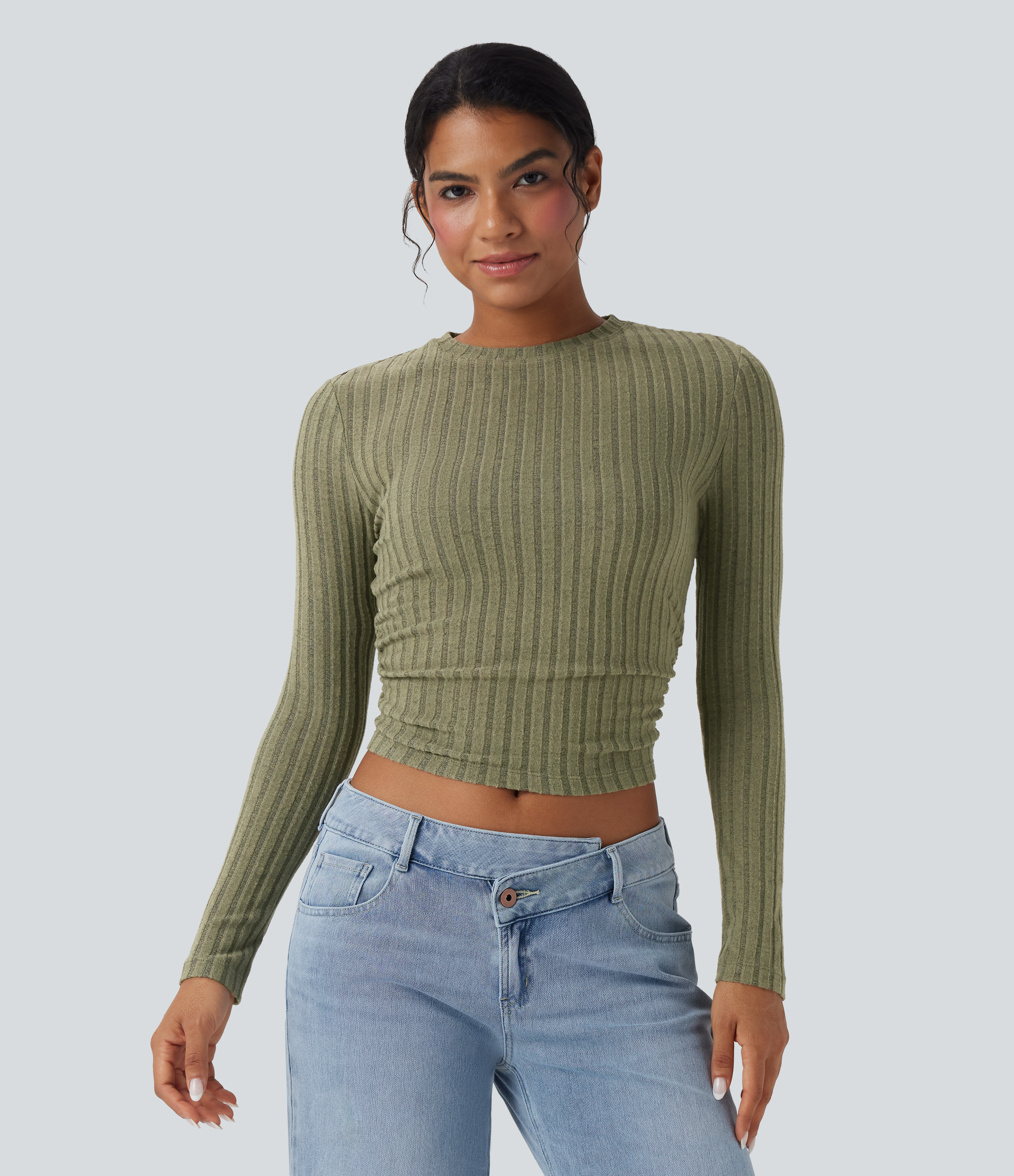 Ribbed Knit Long Sleeve Cropped Casual Top