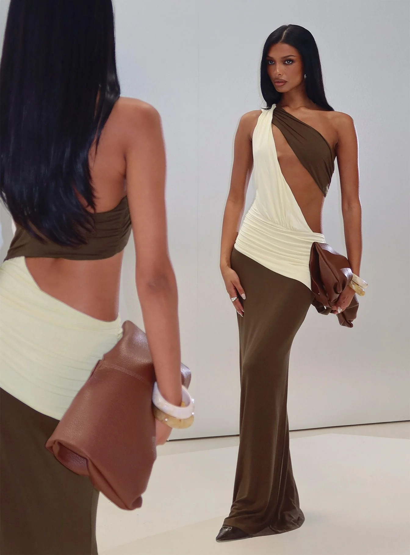 Loletta Draped One Shoulder Maxi Dress Chocolate / Yellow