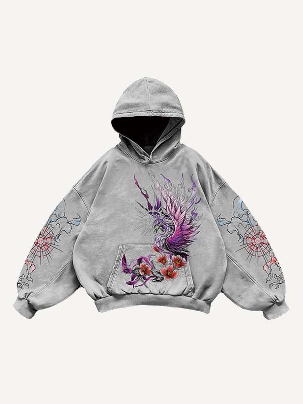 Dragon&Tiger&Phoenix&Moon&Graphic Print Slant Pockets Hoodie