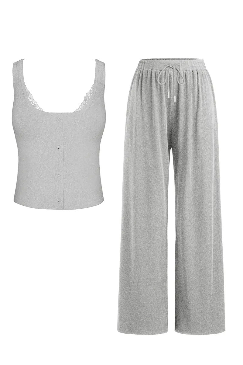 Classy U-Neck Button Decor Tank Top & Wide Leg Trousers with Lace Trim Camisole Three-Piece Set