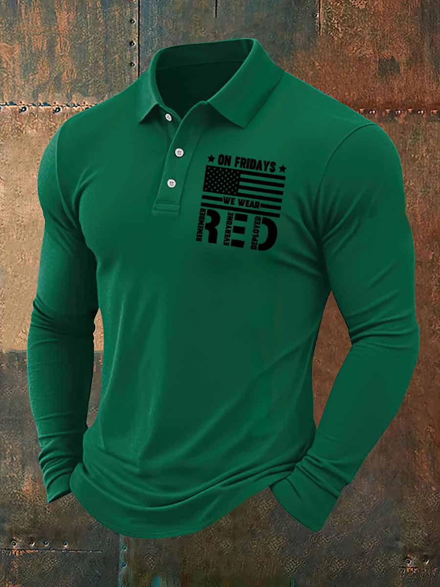 On Fridays We Wear Red Print Casual Long Sleeve Polo Shirt