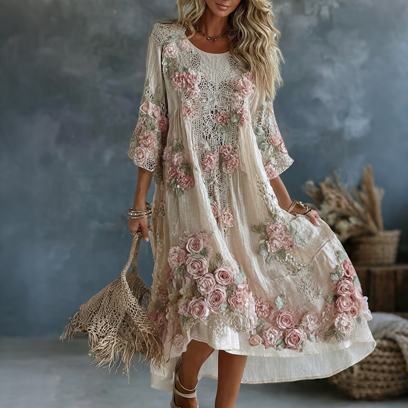 Women's Floral Art Flowy Linen Blend Casual Long Sleeve Maxi Dress