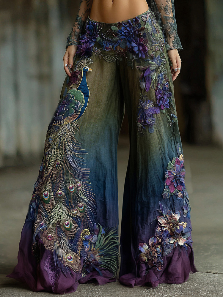 Vintage Classy Gradient Purple Peacock And Floral Embroidered Art Linen Blend Casual Pants