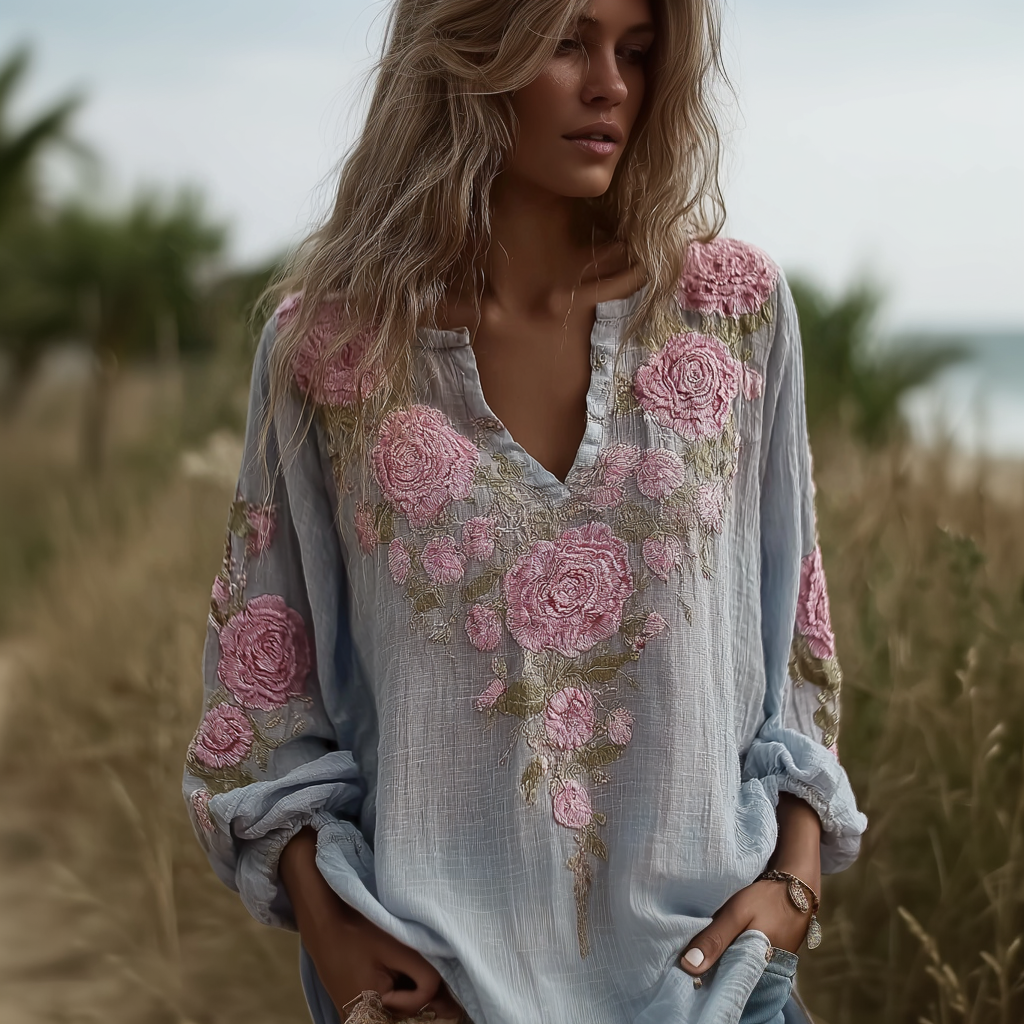 Bohemian Retro Countryside Plant Flower Pattern V-neck Top
