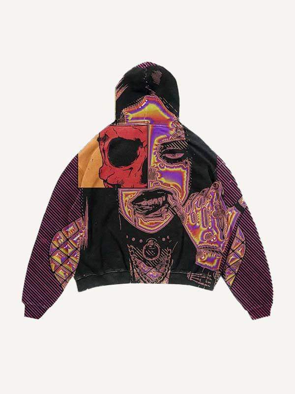 Colorblock Striped&Skull&Figure Print Slant Pockets Hoodie