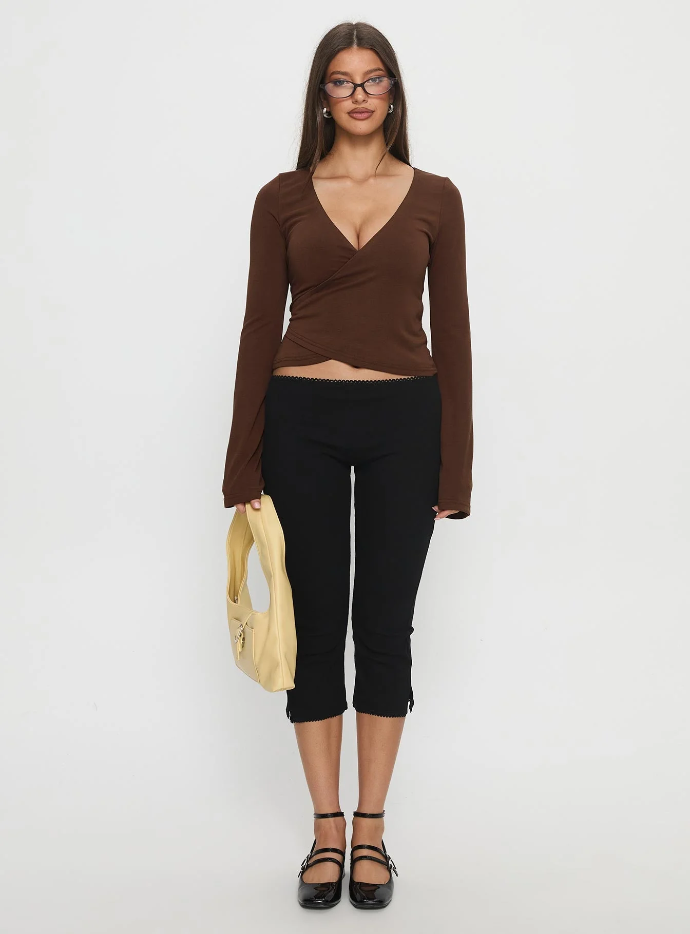 Stefanee Long Sleeve Wrap Top Brown