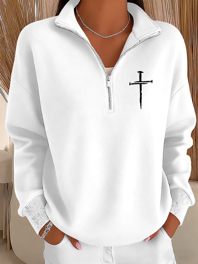 Women's Retro Faith Cross Design Printed Zipper Stand Collar Sweatshirt