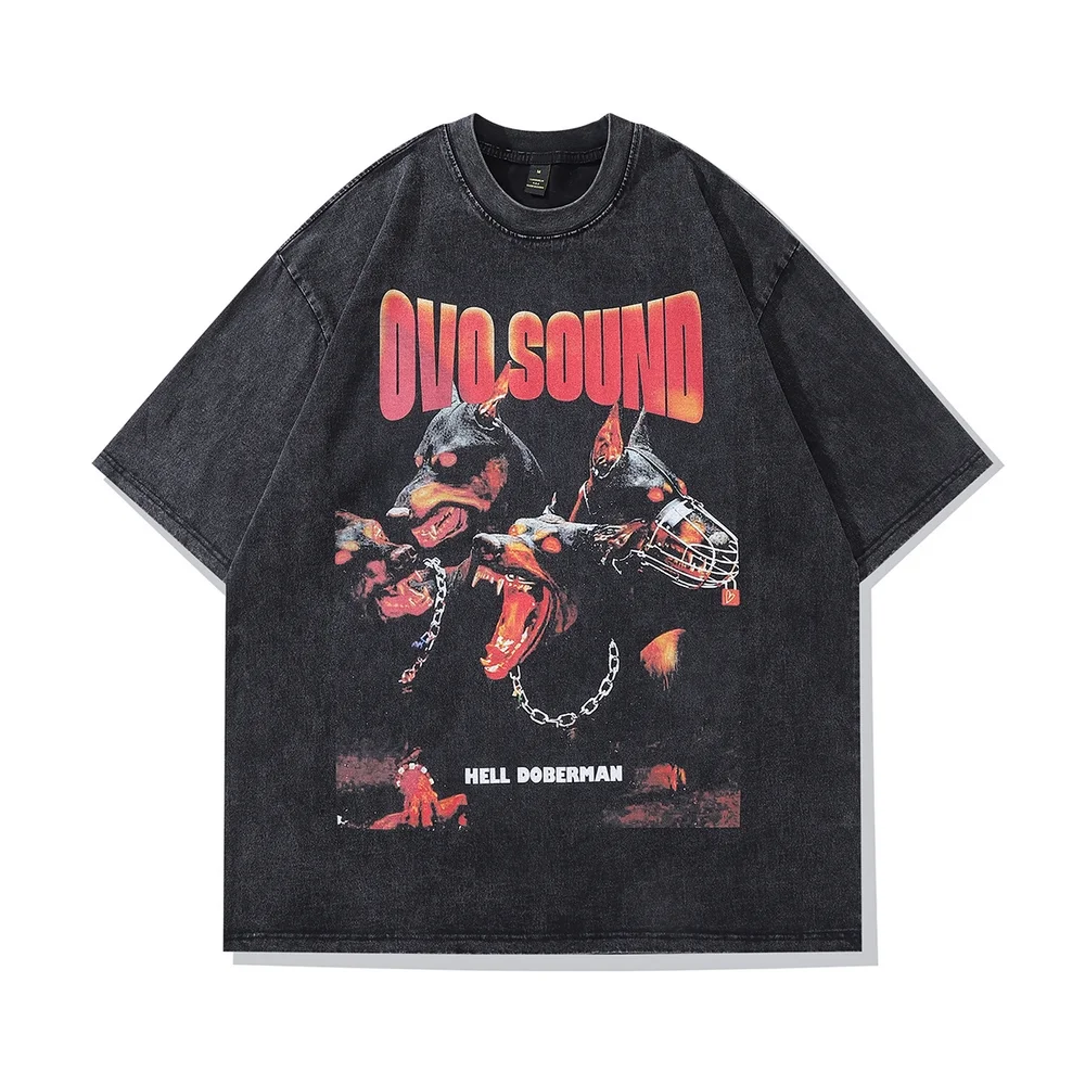 / Washed Oversized Men Gothic T-Shirts Hip Hop Streetwear Doberman Dog T-Shirts