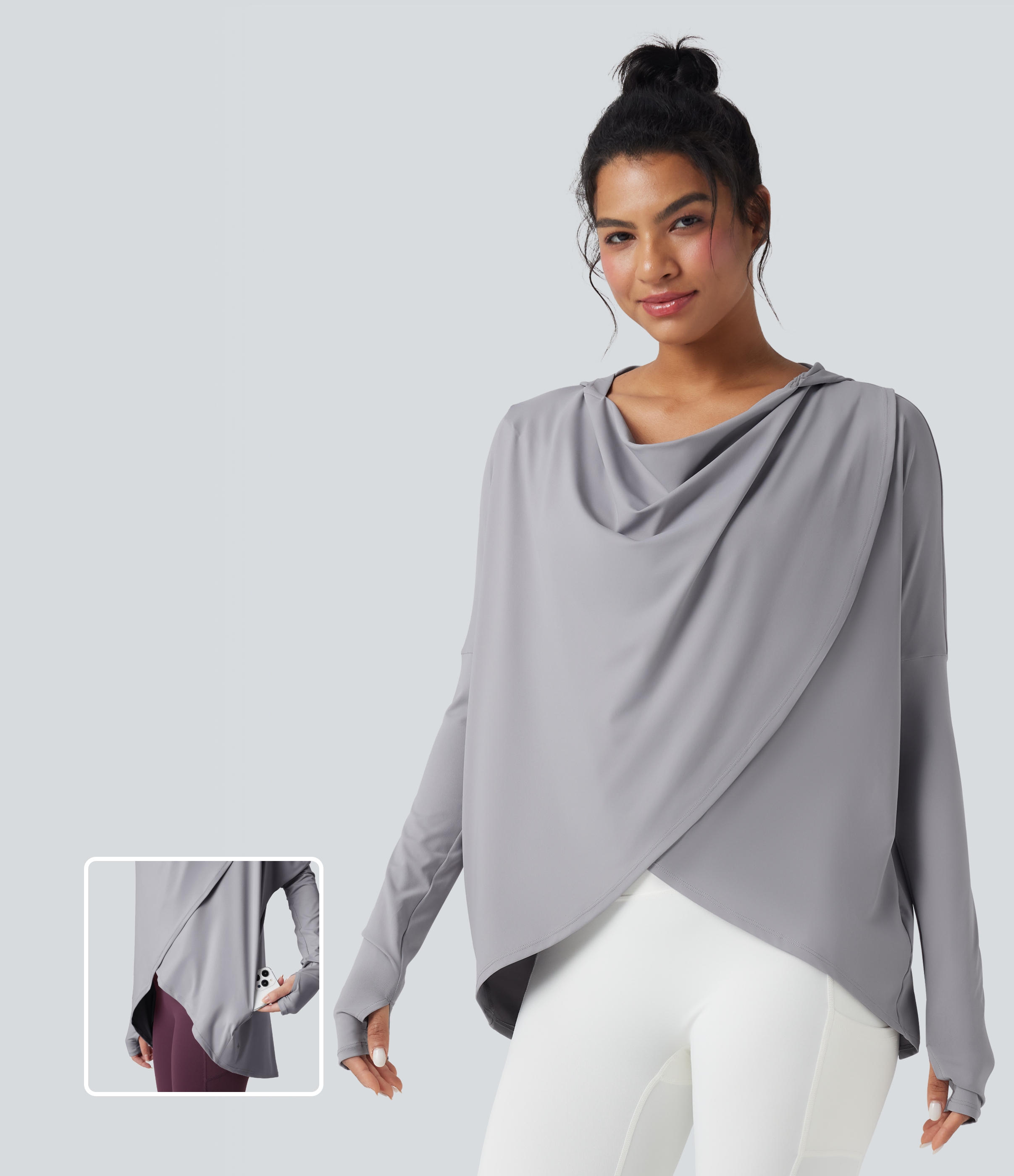 Hooded Cowl Neck Long Sleeve Thumb Hole Yoga Sports Top with Pockets