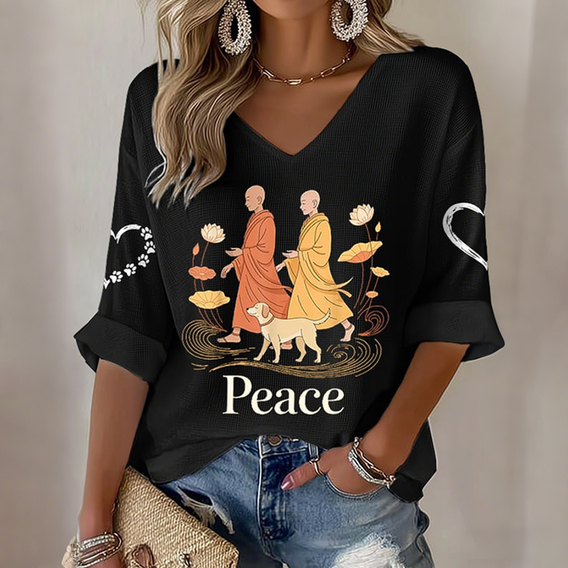 Women's Retro Walk For Peace Monks With Aloka Dog Print V-neck T-shirt
