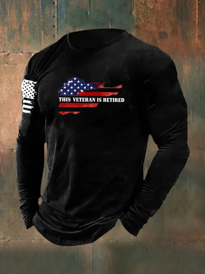 Men's This Veteran Is Retired Pattern Long Sleeve 100% Cotton T-Shirt