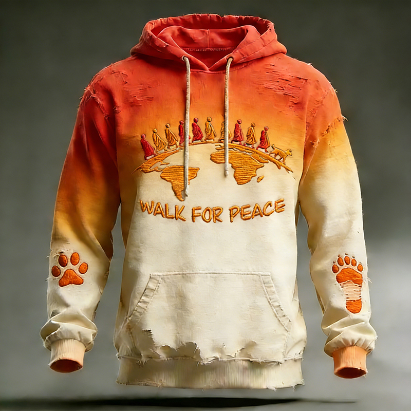 Vintage Walk For Peace Love In Every Step Gradient Print Distressed Hoodie