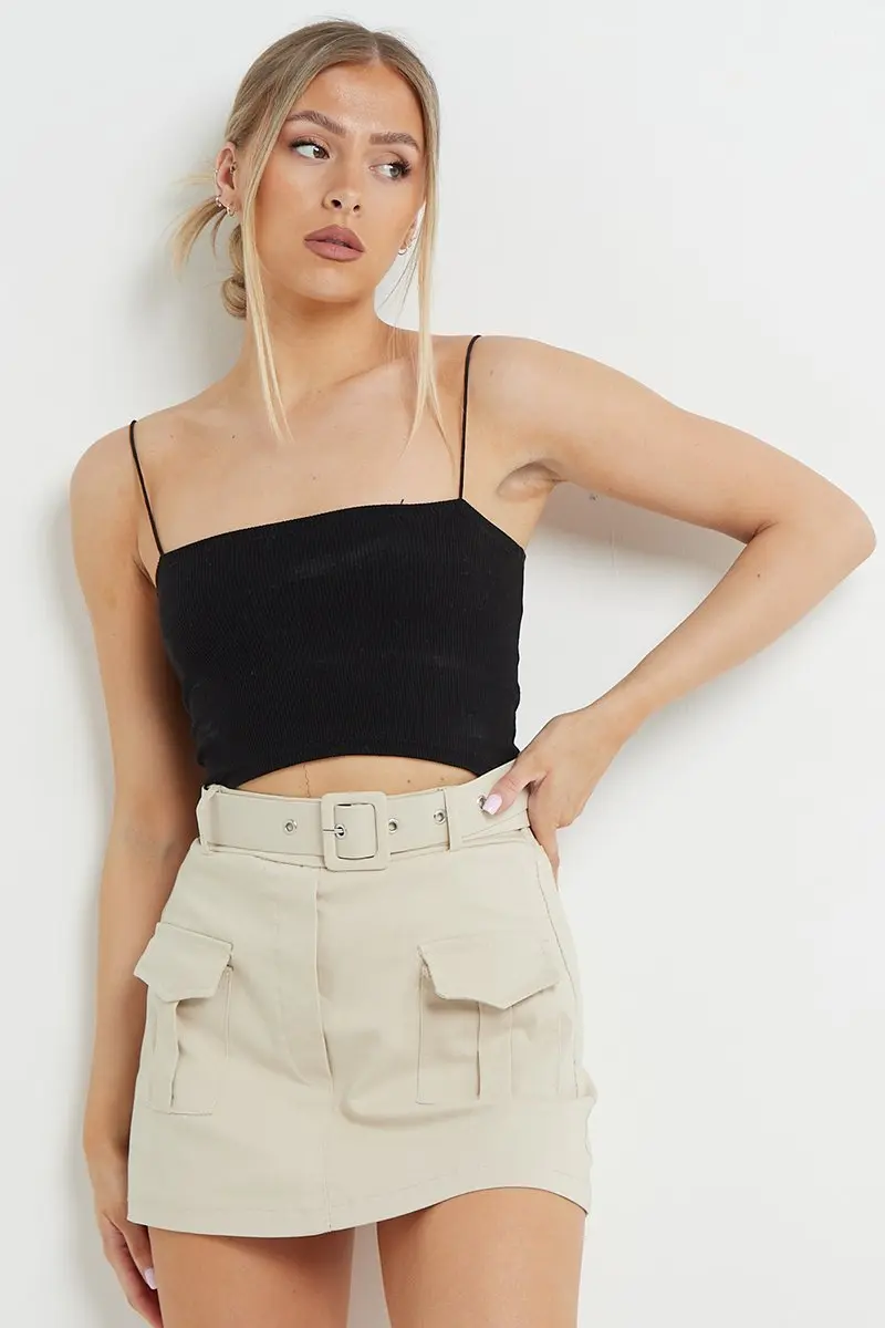 Minimalist High Waist Flap Pocket Belt Decor Skort
