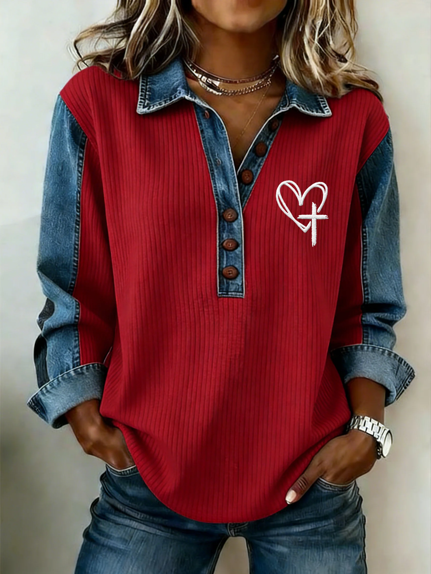 Women's Winter Fashion Casual Faux Denim Print Top-Fast Shipping