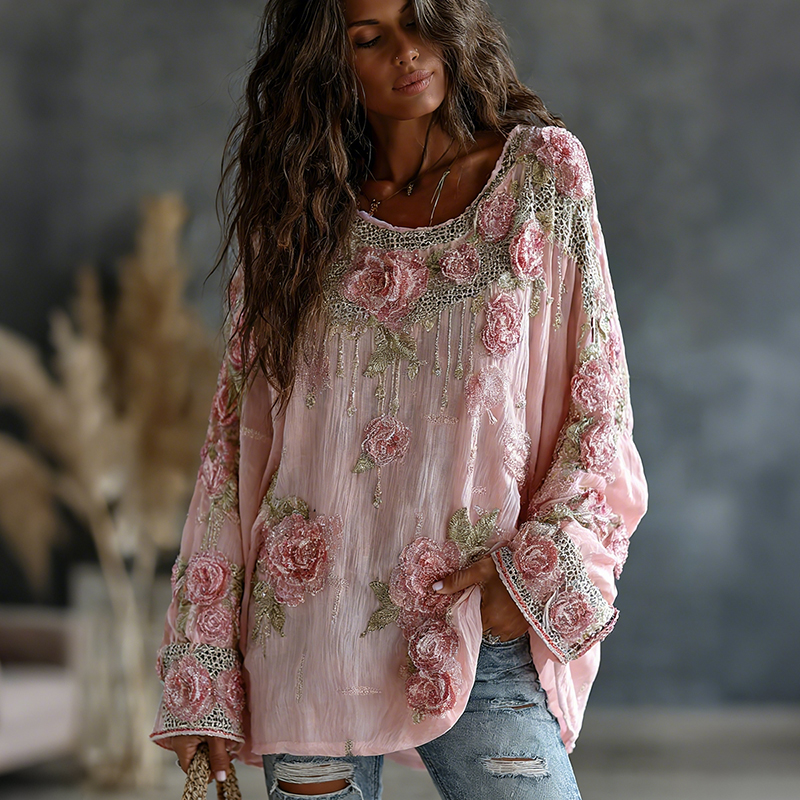 Women's Vintage Floral Embroidered Art Print Flowy Linen Blend Casual Tops