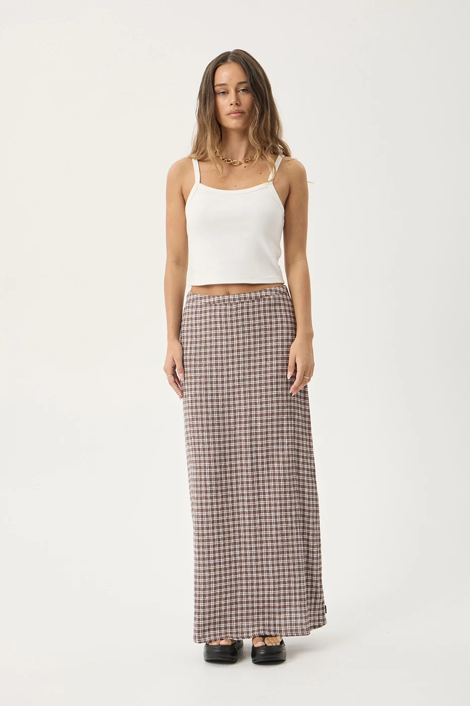 AFENDS Womens Base - Seersucker Maxi Skirt - Coffee Check