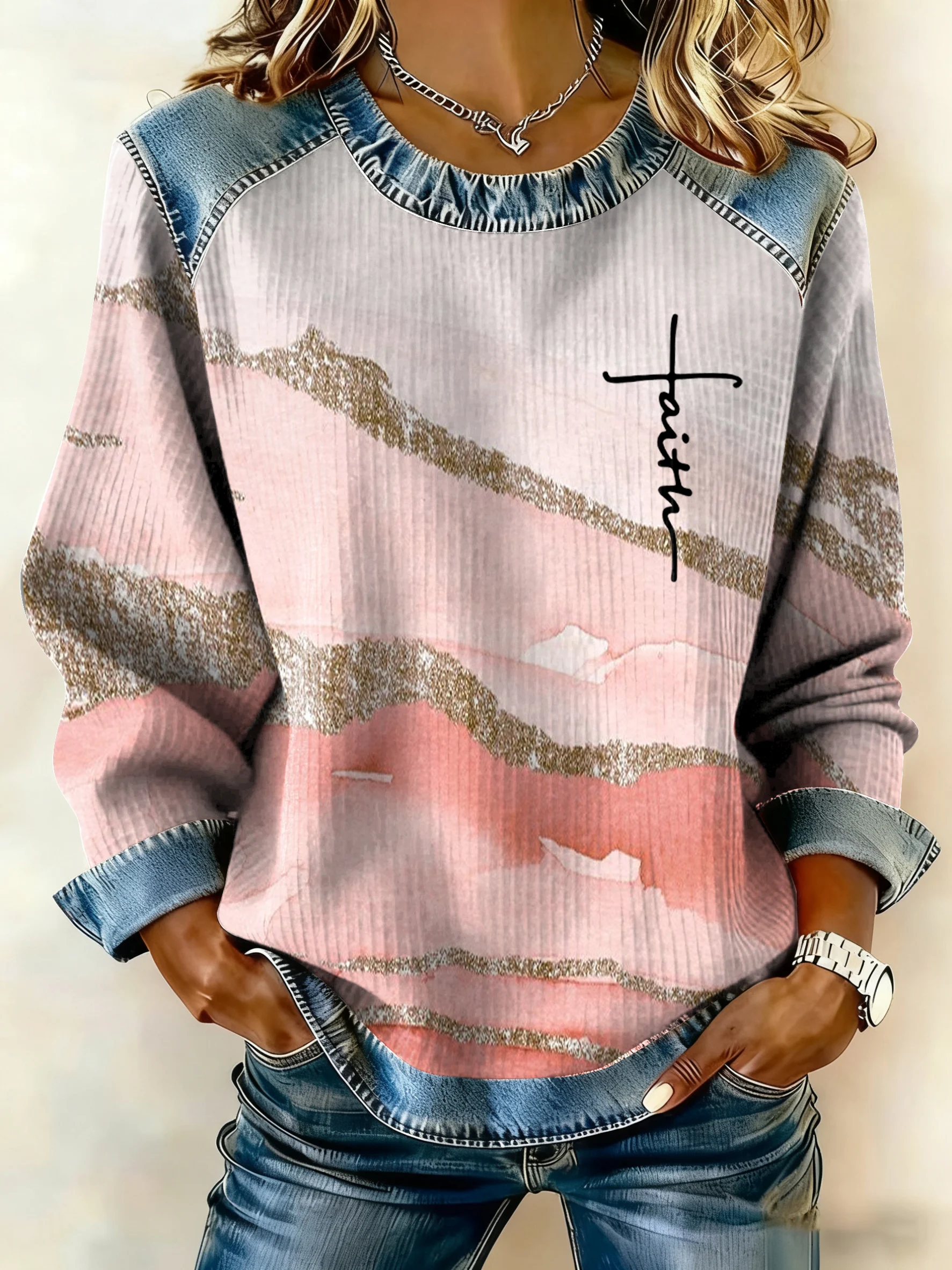 Women'S Casual Faith-Themed Printed Patchwork Sweatshirt-Fast Shipping