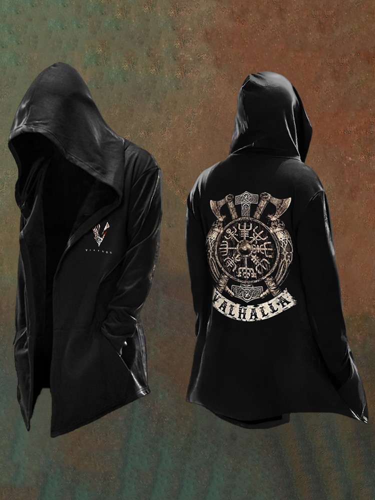 Men's Vikings Printed Axe Totem Vintage Hooded Jacket