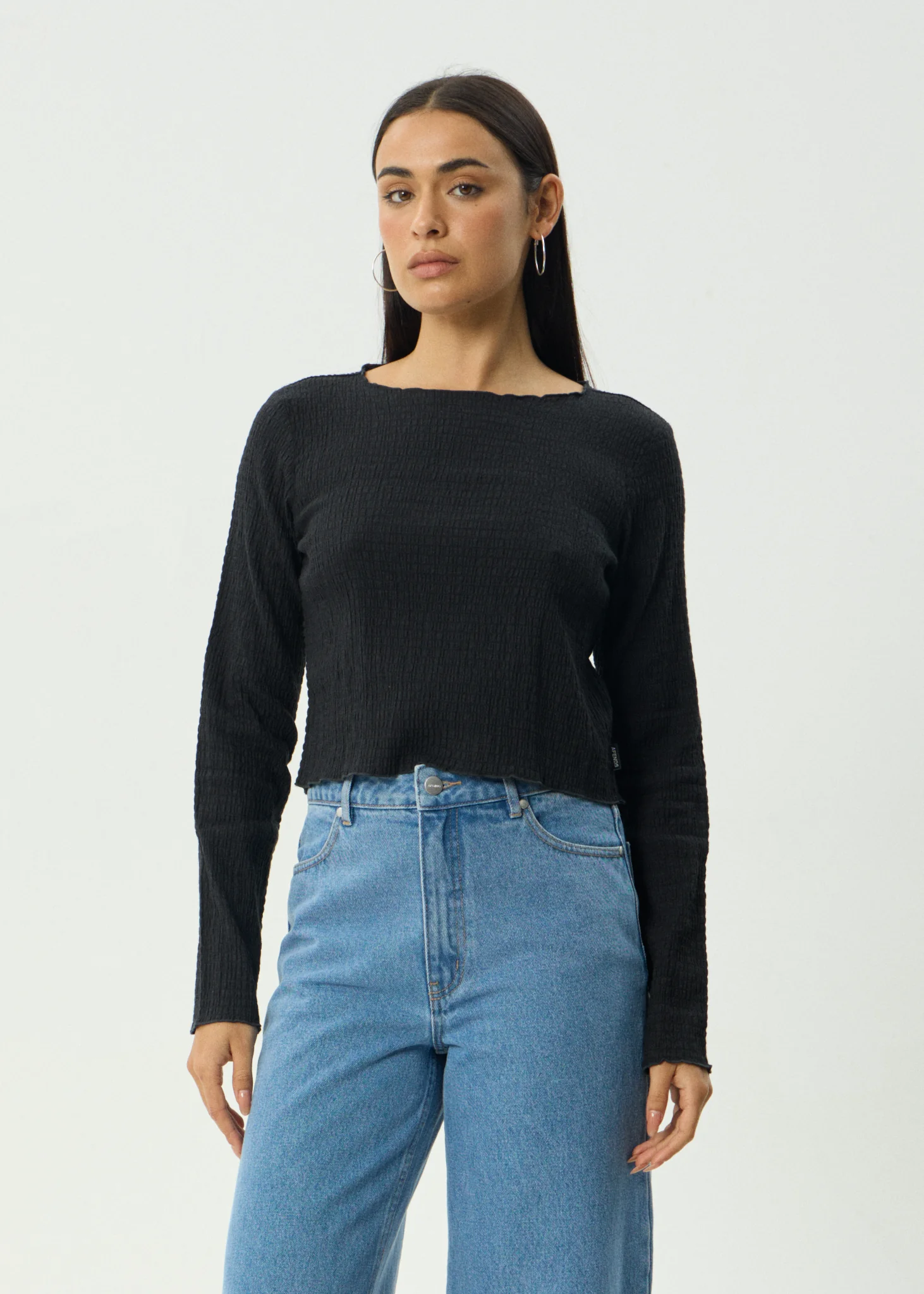 AFENDS Womens Focus - Seersucker Long Sleeve Top - Black