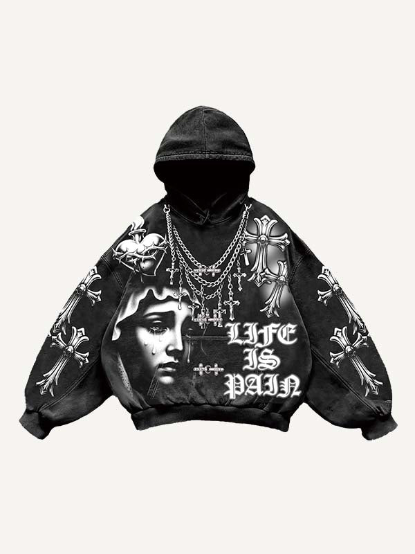 Mary&Cross&Pray&Letter Print Slant Pockets Hoodie