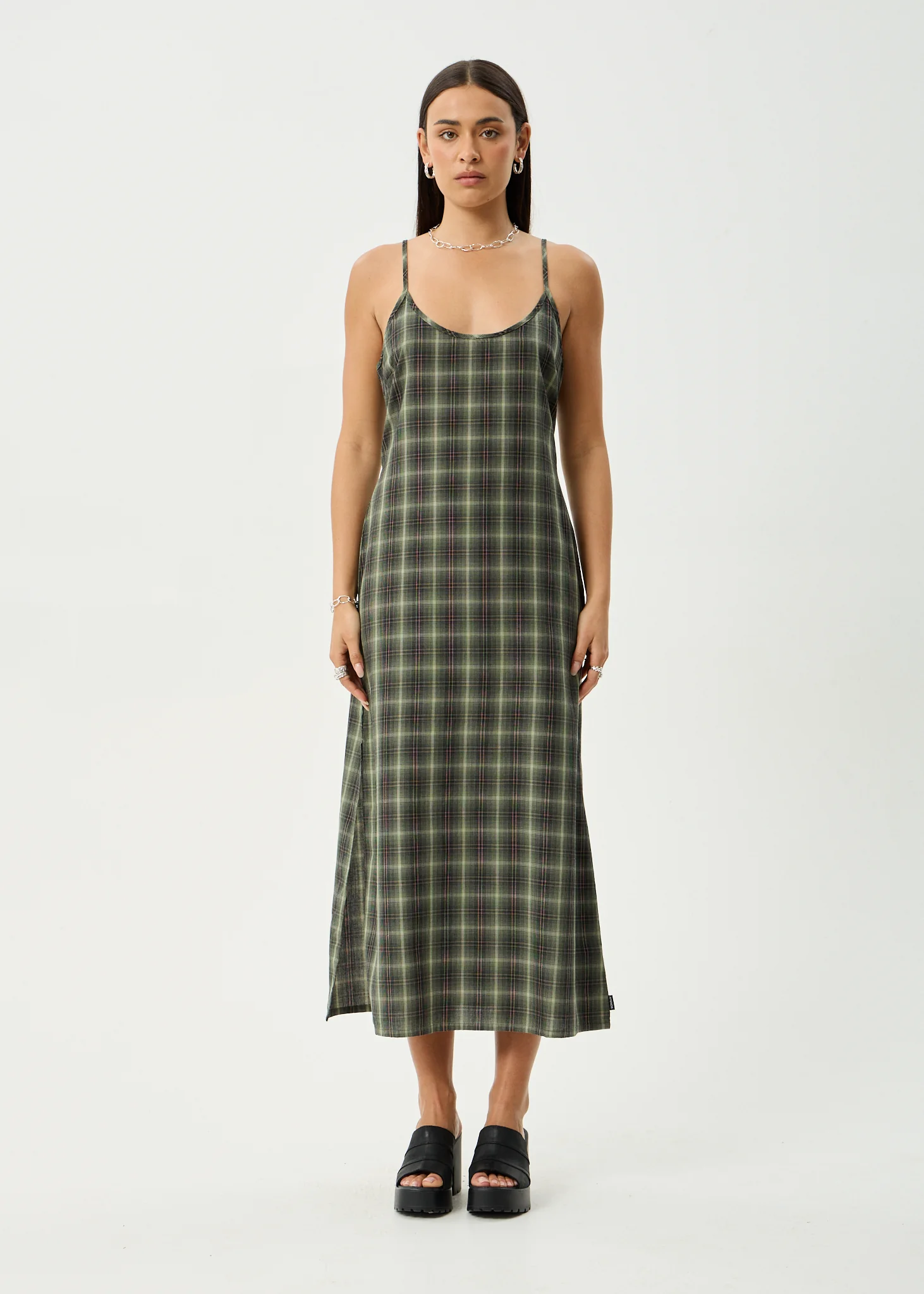 AFENDS Womens Jonah Valley - Maxi Dress - Deep Olive Check